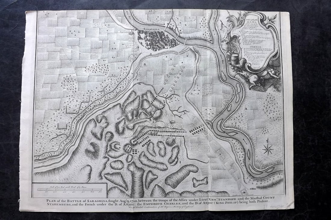 Rapin de Thoyras, Paul 1751 Map. Battle of Saragossa, Spain (1 of 2)