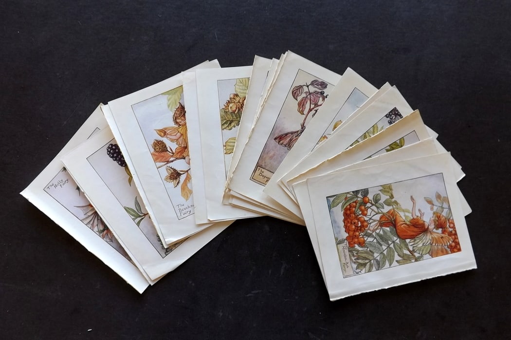 Barker, Cicely Mary C1940 Lot of 24 Flower-Fairy Prints - Autumn: Garden Fairies. Lithographs Published C1935-45 by Blackie & Son, London & Glasgow for the "Flower-Fairies" Series by Cicely Mary Barker. Reverse side blank. Paper Size: 5.5 x 4 inch (14 x 10cm) Good C