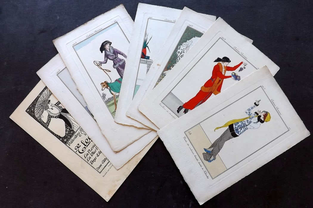 Journal des Dames et des Modes 1913 Lot of 6 HC Pochoir Fashion Prints: Antique Pochoir Published 1912-14, Paris for "Journal des Dames et des Modes, Costumes Parisiens" by Pierre de la Mesangere. Illustrated by George Barbier, J. van Brock, Bakst and others. Fine hand co