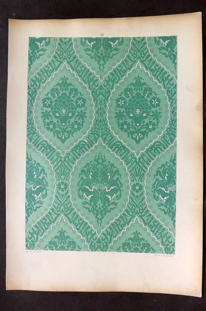 Fischbach, Frederick 1884 Folio Textile Print 13: Folio Chromolithograph Published 1882-84, London for "Ornament of Textile Fabrics" by Frederick Fischbach. Scarce. Paper Size: 17 x 12 inch (43 x 30cm) Good Condition