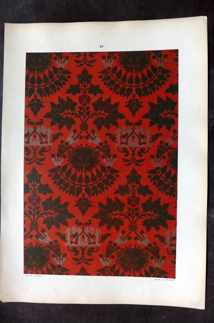 Fischbach, Frederick 1884 Folio Textile Print 19: Folio Chromolithograph Published 1882-84, London for "Ornament of Textile Fabrics" by Frederick Fischbach. Scarce. Paper Size: 17 x 12 inch (43 x 30cm) Good Condition