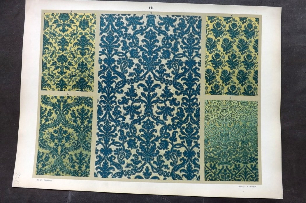 Fischbach, Frederick 1884 Folio Textile Print 141: Folio Chromolithograph Published 1882-84, London for "Ornament of Textile Fabrics" by Frederick Fischbach. Scarce. Paper Size: 17 x 12 inch (43 x 30cm) Good Condition