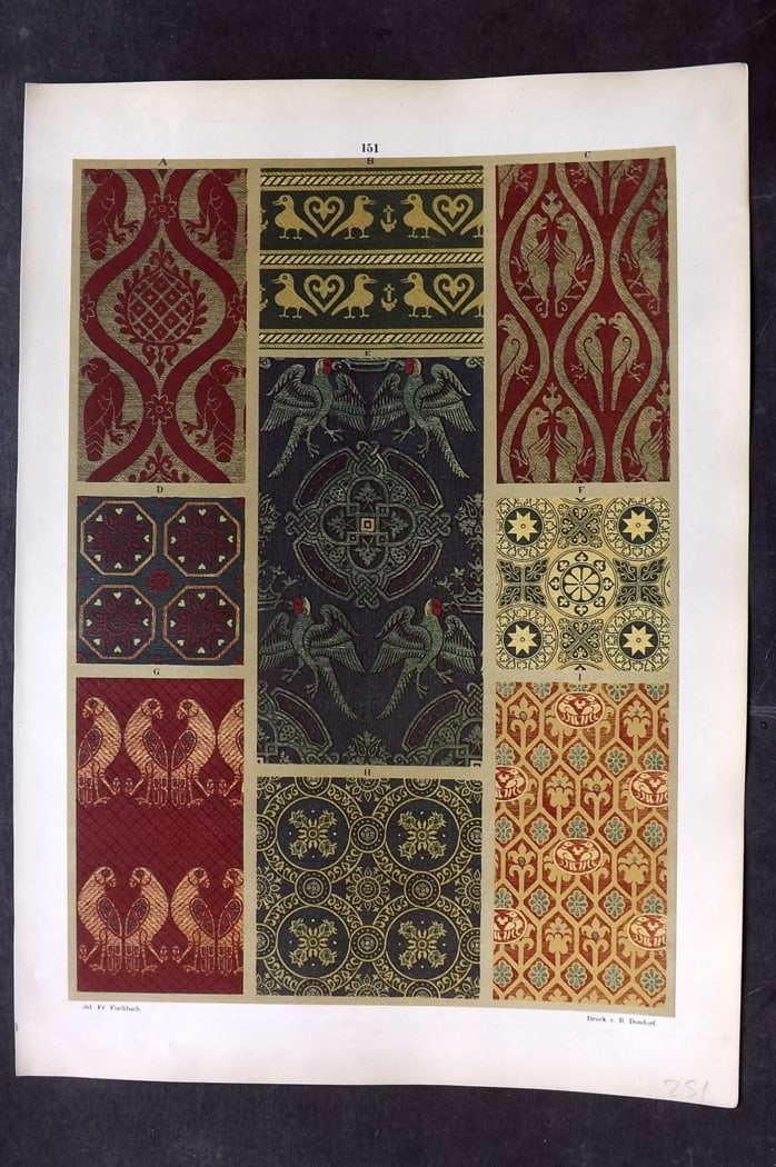 Fischbach, Frederick 1884 Folio Textile Print 151: Folio Chromolithograph Published 1882-84, London for "Ornament of Textile Fabrics" by Frederick Fischbach. Scarce. Paper Size: 17 x 12 inch (43 x 30cm) Good Condition