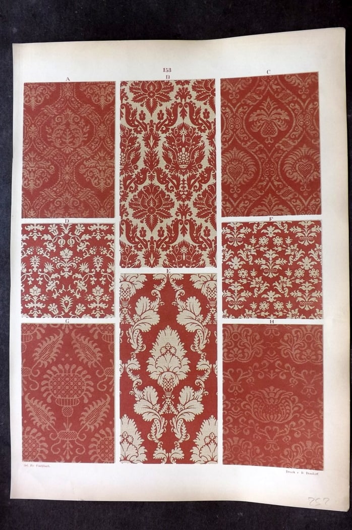 Fischbach, Frederick 1884 Folio Textile Print 153: Folio Chromolithograph Published 1882-84, London for "Ornament of Textile Fabrics" by Frederick Fischbach. Scarce. Paper Size: 17 x 12 inch (43 x 30cm) Good Condition