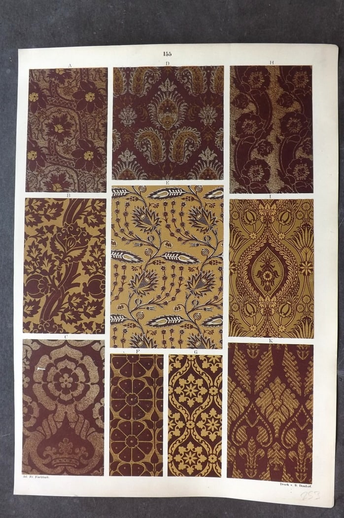 Fischbach, Frederick 1884 Folio Textile Print 155: Folio Chromolithograph Published 1882-84, London for "Ornament of Textile Fabrics" by Frederick Fischbach. Scarce. Paper Size: 17 x 12 inch (43 x 30cm) Good Condition