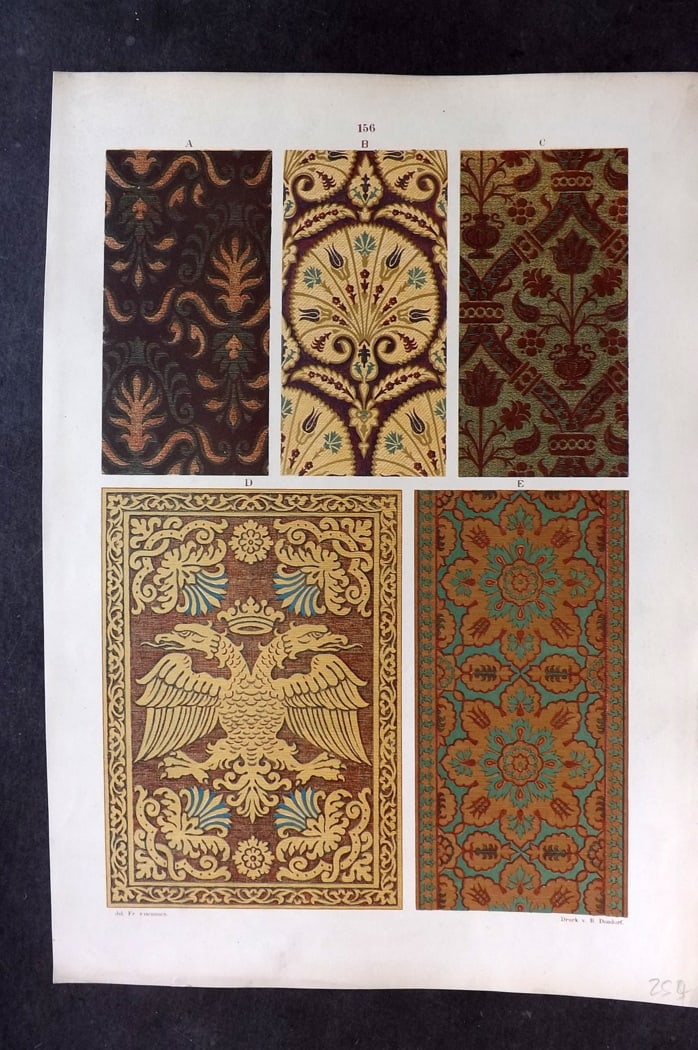 Fischbach, Frederick 1884 Folio Textile Print 156: Folio Chromolithograph Published 1882-84, London for "Ornament of Textile Fabrics" by Frederick Fischbach. Scarce. Paper Size: 17 x 12 inch (43 x 30cm) Good Condition