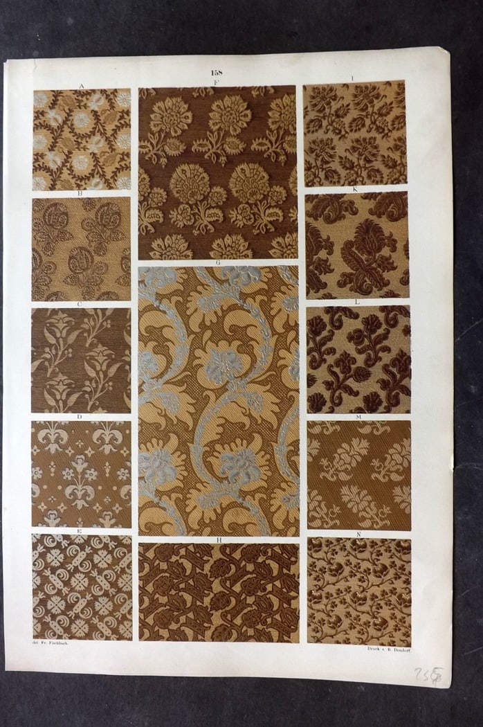 Fischbach, Frederick 1884 Folio Textile Print 158: Folio Chromolithograph Published 1882-84, London for "Ornament of Textile Fabrics" by Frederick Fischbach. Scarce. Paper Size: 17 x 12 inch (43 x 30cm) Good Condition