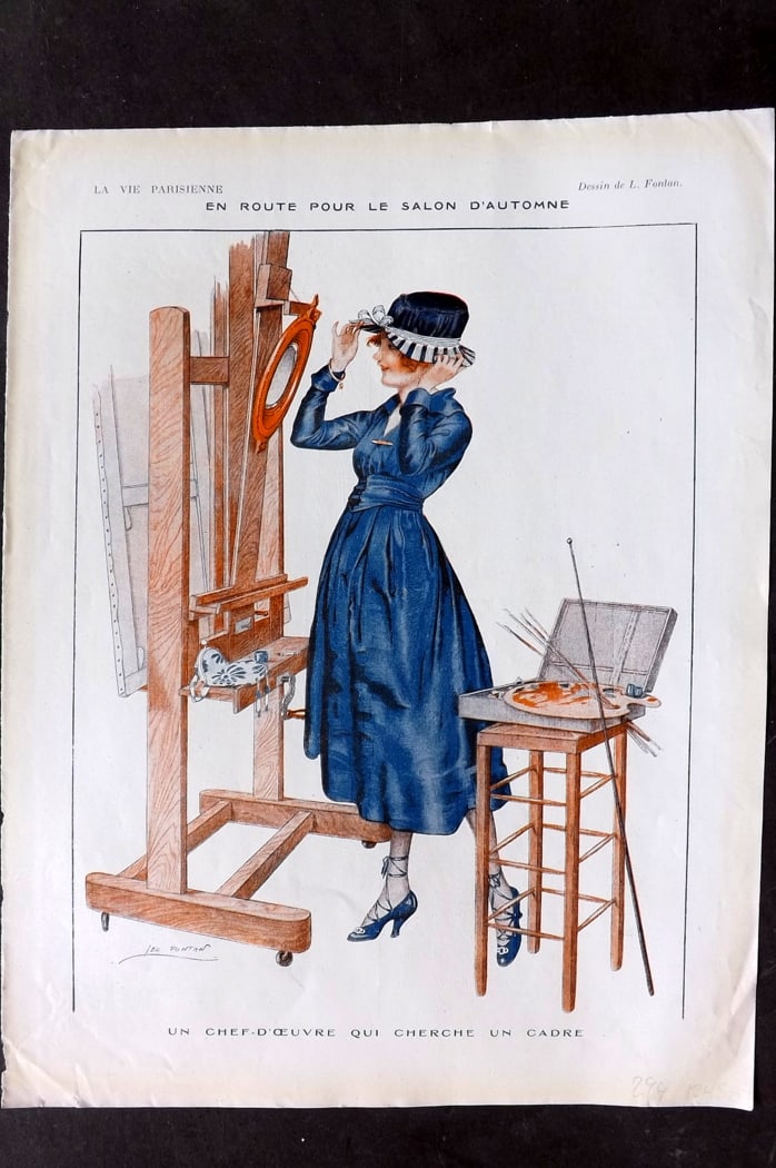 La Vie Parisienne 1919 Art Deco. En Route Pour le Salon D'Automne by Fontan: Lithograph Published 1919, Paris for "La Vie Parisienne" Illustrated by Lissac, Barbier, Vallet, Valee, Prejelan, Herouard, Fournier, Kuhn-Regnier, Georges L?onnec and others. Verso text, but none sho