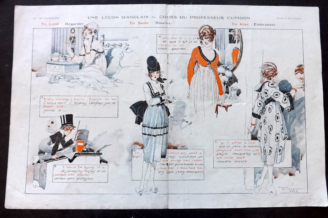 La Vie Parisienne 1918 Art Deco Double Print. Une Lecon d'Anglais: Lithographs Published 1928, Paris for "La Vie Parisienne" Illustrated by Lissac, Barbier, Vallet, Valee, Prejelan, Herouard, Fournier, Kuhn-Regnier, Georges L?onnec and others. Verso text, but none sh
