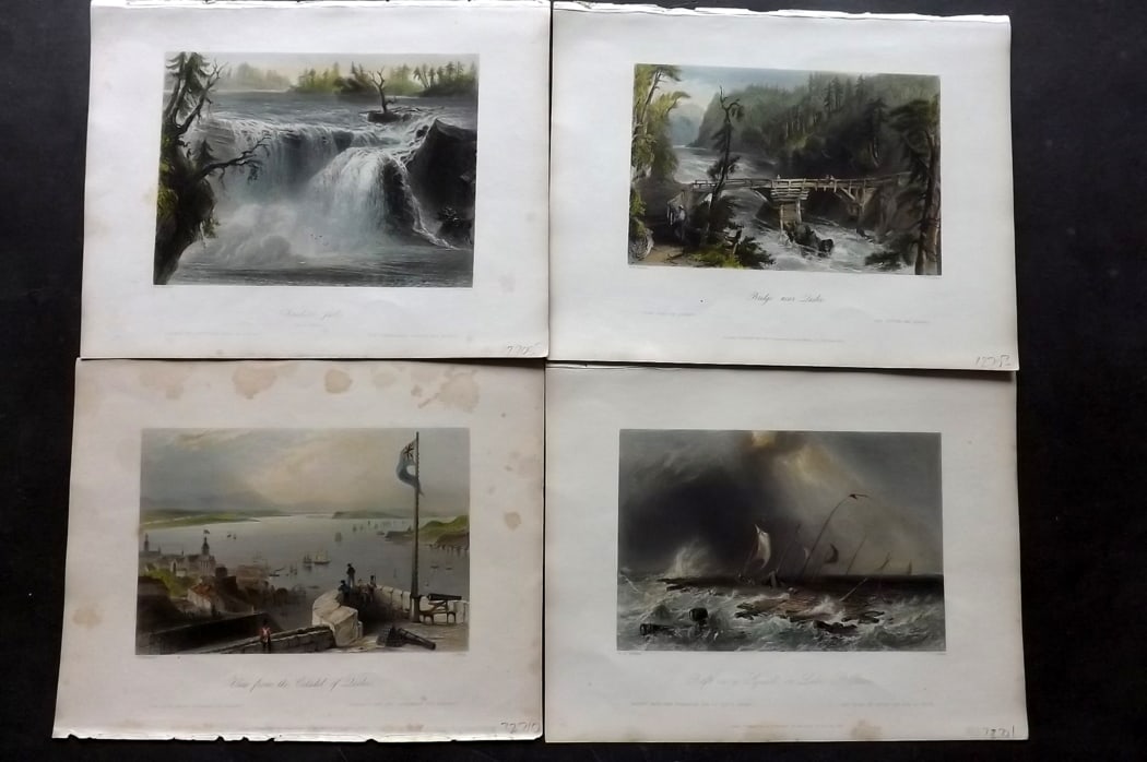 Bartlett Canada 1842 Lot of 4 Deluxe Hand Col Prints: Hand Colored Steel Engravings Published 1842 by George Virtue, London for "Canadian Scenery Illustrated..." by Nathaniel P. Willis. Illustrated by William H. Bartlett. From the Rare Deluxe/Subscriber