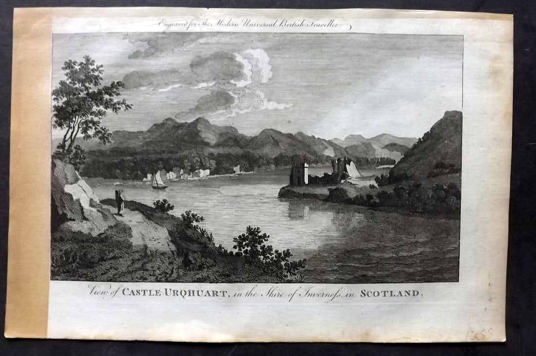 Burlington, Charles 1779 Folio Print. Castle Urqhuart, Shire of Inverness, Scotland: Folio Copper Plate Published 1779 by J. Cooke, London for "The Modern Universal British Traveller or, a New, Complete, and Accurate tour Through England, Wales, Scotland, and the Neighbouring Islands"