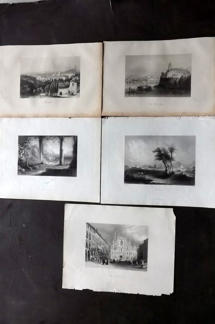 Italy 1847-C1860 Lot of 5 Steel Engraved Views. Amalfi, Palermo, Genoa, Milan, Florence: Steel Engravings Published London 1844-7 for "Payne's Universum or Pictorial World" Edited by Charles Edwards. Most plates engraved by Payne. Together with two others from Wright's Cyclopedia, C1860. 