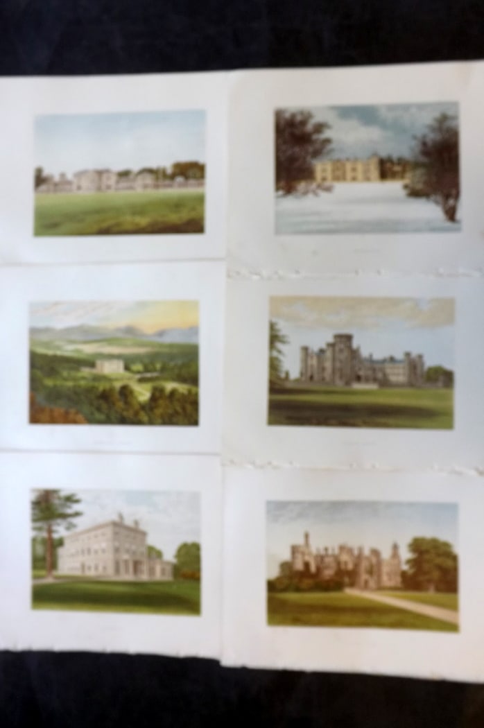 Morris Seats C1870 Lot of 6 British Color Woodblock Views: Color Printed Woodblock Published 1866-1880 by William Mckenzie, London for "Picturesque Views of Seats of Noblemen and Gentlemen of Great Britain and Ireland" by the Rev. F. O. Morris. Printed by Ben