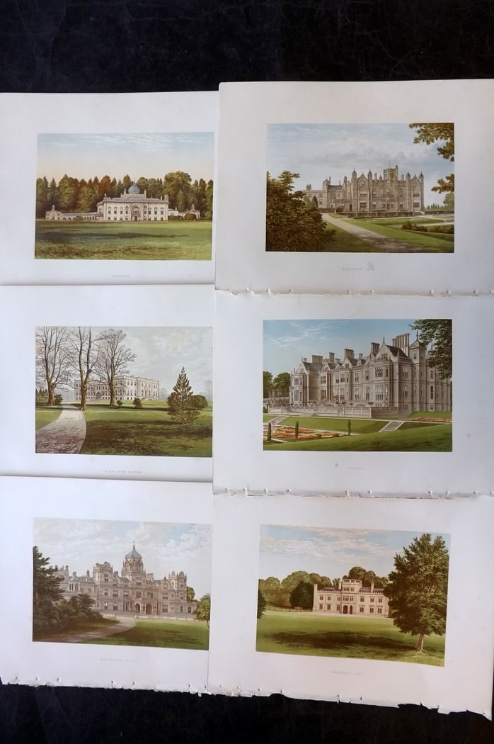 Morris Seats C1870 Lot of 6 British Color Woodblock Views: Color Printed Woodblock Published 1866-1880 by William Mckenzie, London for "Picturesque Views of Seats of Noblemen and Gentlemen of Great Britain and Ireland" by the Rev. F. O. Morris. Printed by Ben