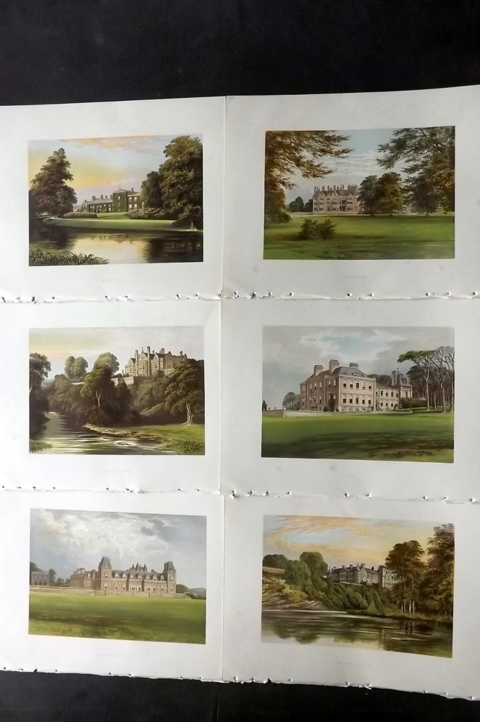 Morris Seats C1870 Lot of 6 British Color Woodblock Views: Color Printed Woodblock Published 1866-1880 by William Mckenzie, London for "Picturesque Views of Seats of Noblemen and Gentlemen of Great Britain and Ireland" by the Rev. F. O. Morris. Printed by Ben