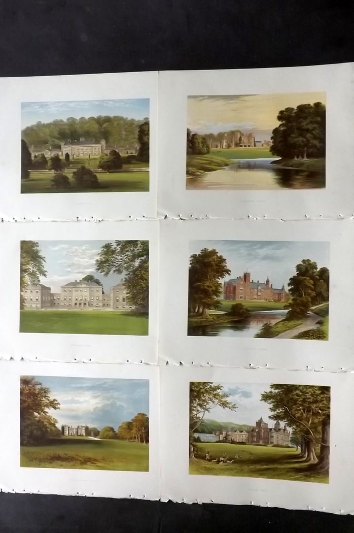 Morris Seats C1870 Lot of 6 British Color Woodblock Views: Color Printed Woodblock Published 1866-1880 by William Mckenzie, London for "Picturesque Views of Seats of Noblemen and Gentlemen of Great Britain and Ireland" by the Rev. F. O. Morris. Printed by Ben