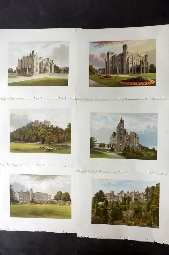 Morris Seats C1870 Lot of 6 British Color Woodblock Views: Color Printed Woodblock Published 1866-1880 by William Mckenzie, London for "Picturesque Views of Seats of Noblemen and Gentlemen of Great Britain and Ireland" by the Rev. F. O. Morris. Printed by Ben