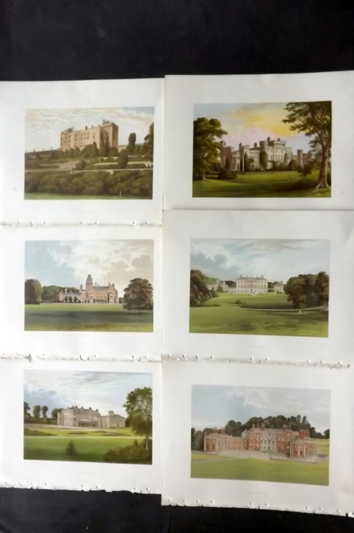Morris Seats C1870 Lot of 6 British Color Woodblock Views: Color Printed Woodblock Published 1866-1880 by William Mckenzie, London for "Picturesque Views of Seats of Noblemen and Gentlemen of Great Britain and Ireland" by the Rev. F. O. Morris. Printed by Ben