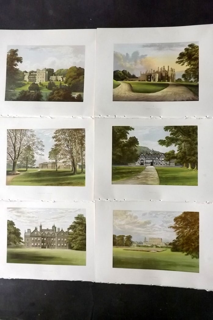 Morris Seats C1870 Lot of 6 British Color Woodblock Views: Color Printed Woodblock Published 1866-1880 by William Mckenzie, London for "Picturesque Views of Seats of Noblemen and Gentlemen of Great Britain and Ireland" by the Rev. F. O. Morris. Printed by Ben