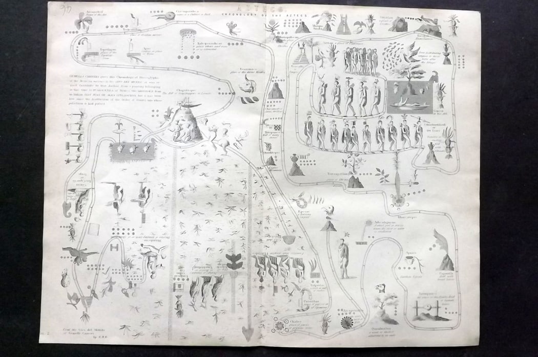 National Encyclopedia 1891 Antique Print. Aztecs Chronology, Mexico: Engraving/Woodblock Published 1891-1901 by William Mackenzie, London for "The National Encyclopedia: A dictionary of Universal Knowledge" Centre fold as published. Paper Size: 12 x 9.5 inch (31 x 24cm