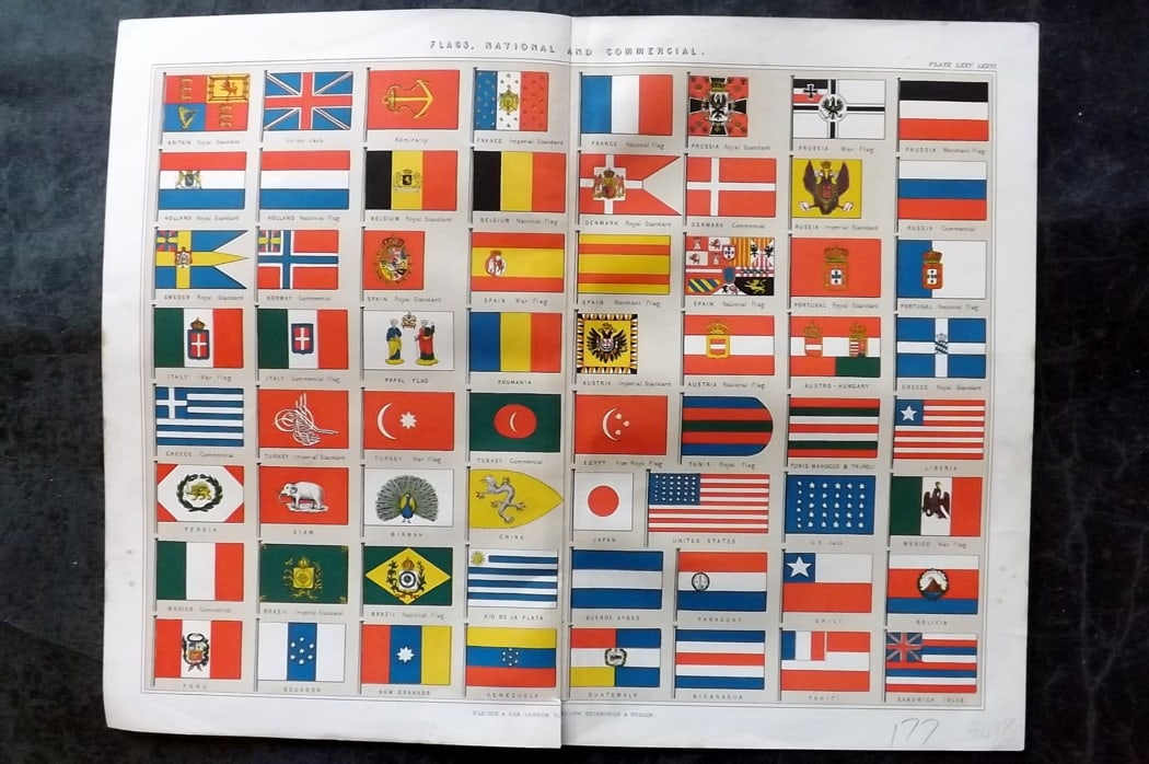 Blackie (Pub) 1893 Antique Print. Flags: Chromolithograph Published 1837-1893 by Blackie & Son, London for "The Popular Encyclopedia; or, Conversations Lexicon" Edited by Charles Anandale. Centre fold as issued. Paper Size: 12.5 x 10 inch (3