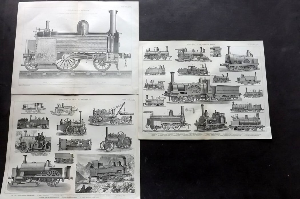 Blackie (Pub) 1893 Lot of 3 Antique Prints. Trains Locomotives: Lithographs Published 1837-1893 by Blackie & Son, London for "The Popular Encyclopedia; or, Conversations Lexicon" Edited by Charles Anandale. Centre fold as issued. Paper Size: 12.5 x 9.5 inch (32 x 