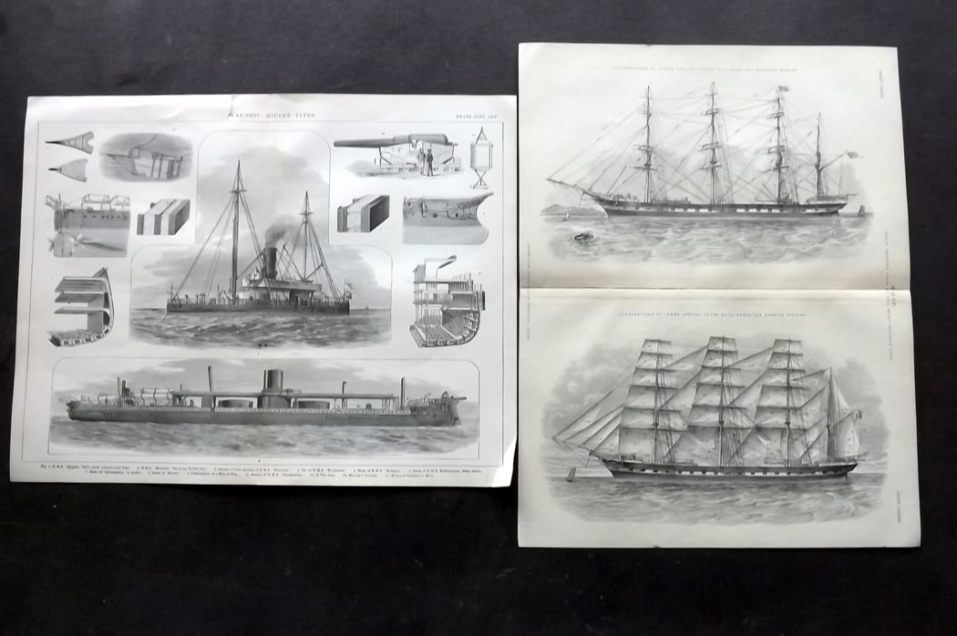 Blackie (Pub) 1893 Pair of Antique Ship Prints: Lithographs Published 1837-1893 by Blackie & Son, London for "The Popular Encyclopedia; or, Conversations Lexicon" Edited by Charles Anandale. Centre fold as issued. Paper Size: 12.5 x 9.5 inch (32 x 