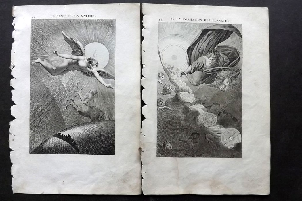Buffon & Lacepede 1819 Pair of Classical Astronomy Celestial Prints. Formation of Planets etc: Copper Plates Published 1819-22, Paris for "Oeuvres compl?tes de Buffon" by the Comte de Buffon and Bernard Germain de Lacepede. Paper Size: 8 x 5 inch (20 x 13cm) Good Condition