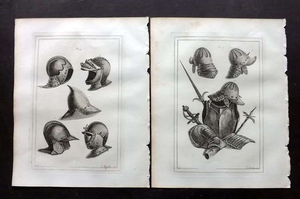 Grose, Francis 1801 Pair of Military Prints. Ancient Armour: Copper Plate Published 1801, London for "Military Antiquities Respecting a History of the English Army from the Conquest to the Present Time" by Francis Grose. Paper Size: 10.5 x 8 inch (27 x 21cm) Go