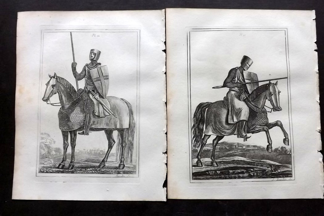 Grose, Francis 1801 Pair of Military Prints. Ancient Armour: Copper Plate Published 1801, London for "Military Antiquities Respecting a History of the English Army from the Conquest to the Present Time" by Francis Grose. Paper Size: 10.5 x 8 inch (27 x 21cm) Go