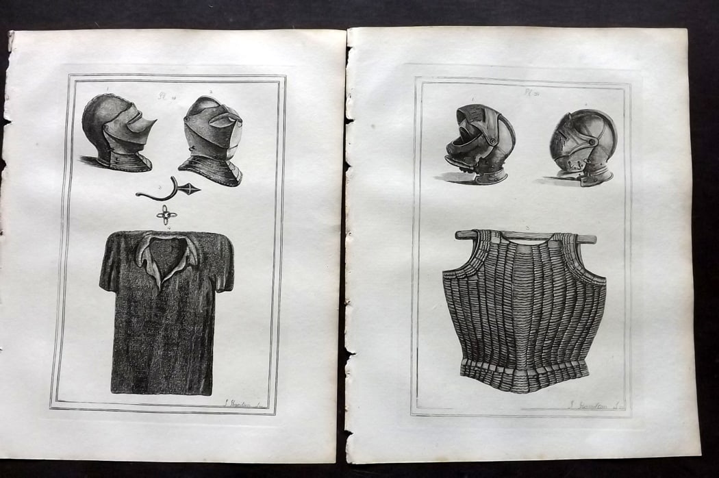 Grose, Francis 1801 Pair of Military Prints. Ancient Armour: Copper Plate Published 1801, London for "Military Antiquities Respecting a History of the English Army from the Conquest to the Present Time" by Francis Grose. Paper Size: 10.5 x 8 inch (27 x 21cm) Go