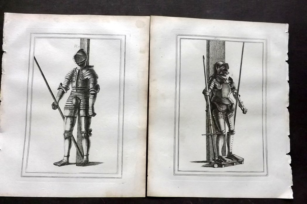 Grose, Francis 1801 Pair of Military Prints. Ancient Armour: Copper Plate Published 1801, London for "Military Antiquities Respecting a History of the English Army from the Conquest to the Present Time" by Francis Grose. Paper Size: 10.5 x 8 inch (27 x 21cm) Go