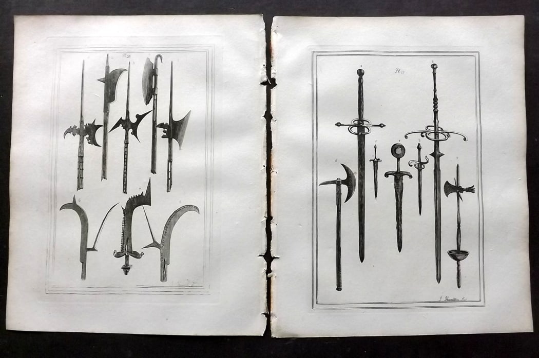 Grose, Francis 1801 Pair of Military Prints. Ancient Weapons: Copper Plate Published 1801, London for "Military Antiquities Respecting a History of the English Army from the Conquest to the Present Time" by Francis Grose. Paper Size: 10.5 x 8 inch (27 x 21cm) Go