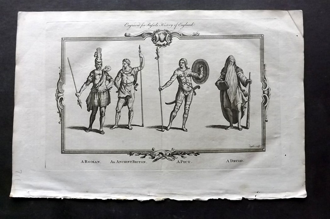 Russell, William 1779 Folio Print. A Druid, Pict, Roman & Ancient Briton: Folio Copper Plate Published 1779, London for "A New and Authentic History of England" [Russell's History of England] by William Augustus Russell. Paper Size: 15 x 9 inch (38 x 23cm) Good Condition