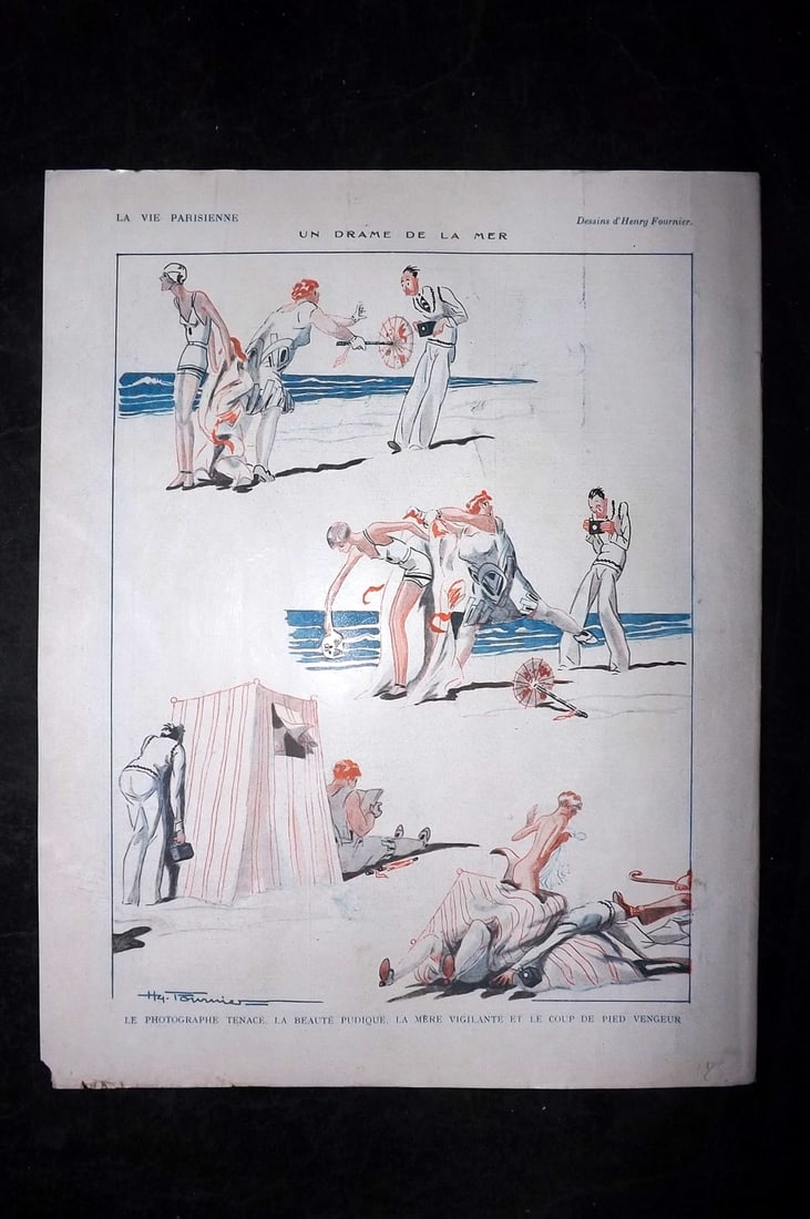 La Vie Parisienne 1926 Art Deco Print. Un Drame de la Mer by Fournier: Lithographs Published 1928, Paris for "La Vie Parisienne" Illustrated by Lissac, Barbier, Vallet, Valee, Prejelan, Herouard, Fournier, Kuhn-Regnier, Georges L?onnec and others. Verso text, but none sh
