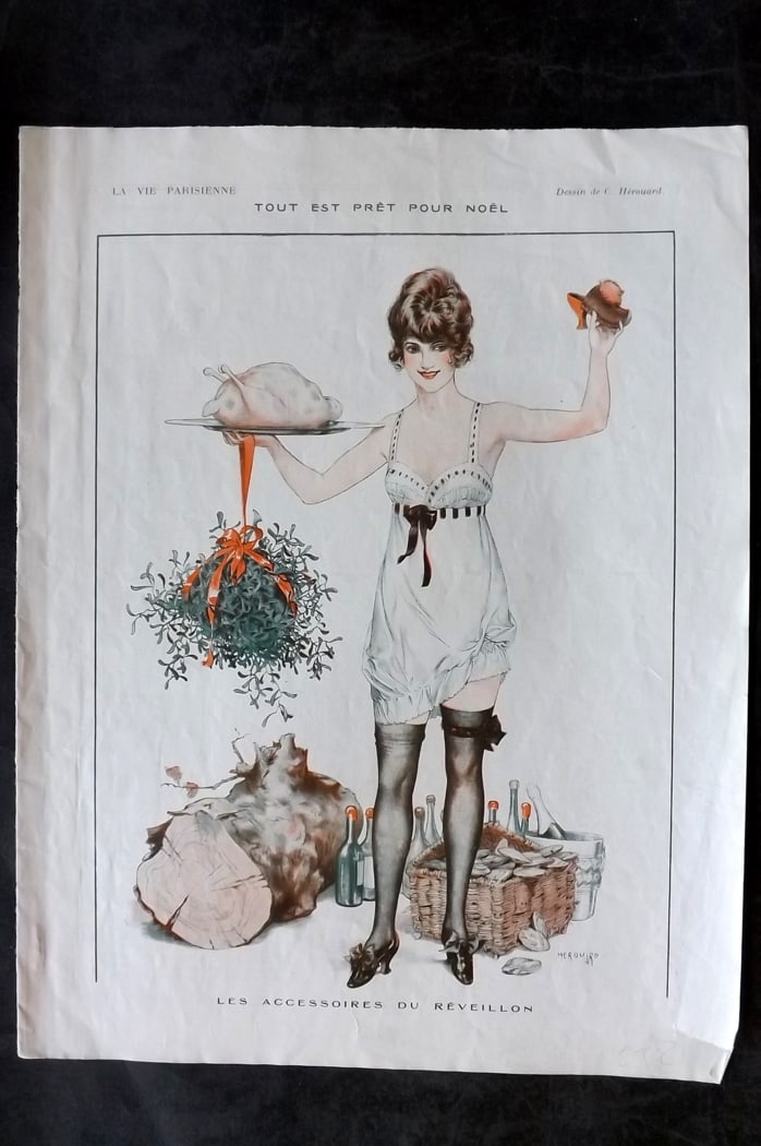 La Vie Parisienne 1921 Art Deco Print. Tout est Pret Pour Noel by Herouard: Lithographs Published 1928, Paris for "La Vie Parisienne" Illustrated by Lissac, Barbier, Vallet, Valee, Prejelan, Herouard, Fournier, Kuhn-Regnier, Georges L?onnec and others. Verso text, but none sh
