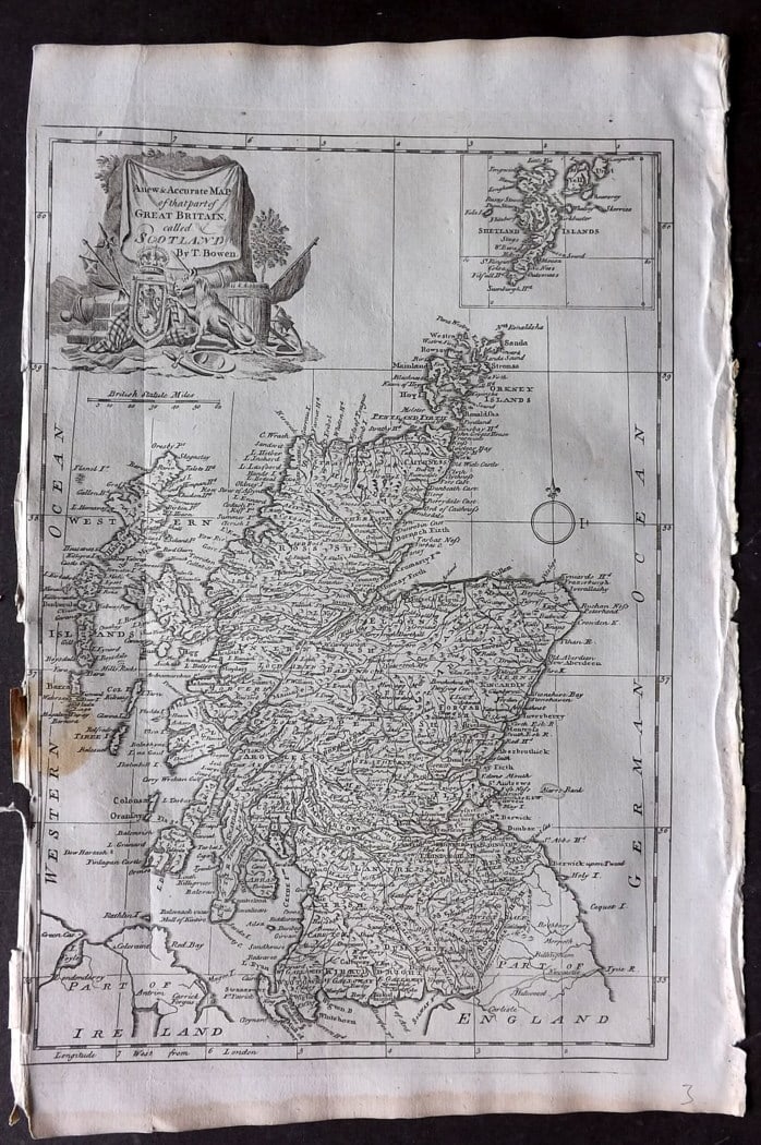 Bowen, Thomas 1779 Antique Map of Scotland: "A New & Accurate Map of that part of Great Britain, called Scotland" Copper Engraved Map Published 1779, London for "A New and Authentic History of England" [Russell's History of England] by William