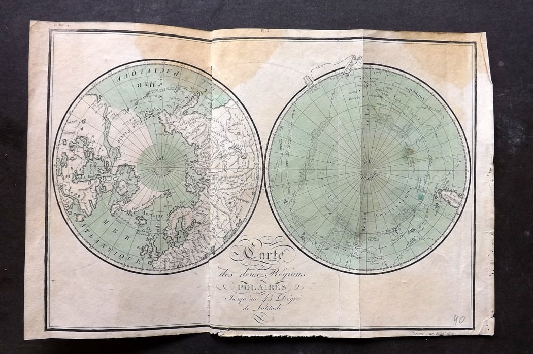 Buffon & Collin 1819 Hand Col Map. Polar Regions. North & South Pole: "Carte des deux Regions Polaires..." Hand Colored Copper Engraved Map Published 1819-22, Paris for "Oeuvres compl?tes de Buffon" by the Comte de Buffon and Bernard Germain de Lacepede. Engraved by E.