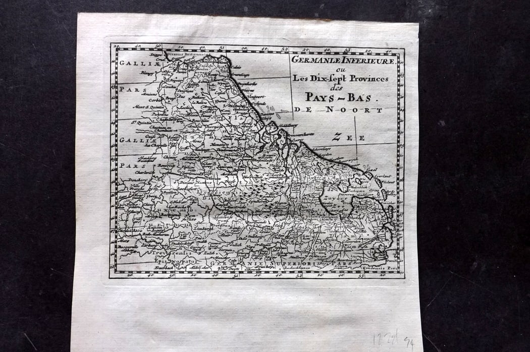 Psalmanazar & Sale C1770 Map. Germanie Inferieure. France Netherlands Germany: Copper Plate Published 1747-82 Amsterdam and Leipzig for "Histoire Universelle, depuis le commencement du monde" 4to Edition by George Sale, George Psalmanazar, Thomas Salmon et al. Paper Size: 7.5 x