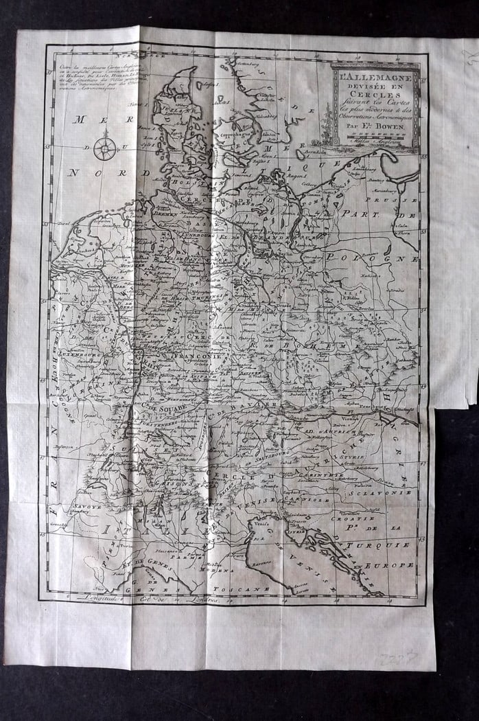 Psalmanazar & Sale C1770 Map. L'Allemagne devisee e Cercles. Germany by Bowen: Copper Plate Published 1747-82 Amsterdam and Leipzig for "Histoire Universelle, depuis le commencement du monde" 4to Edition by George Sale, George Psalmanazar, Thomas Salmon et al. Folds as issued. P