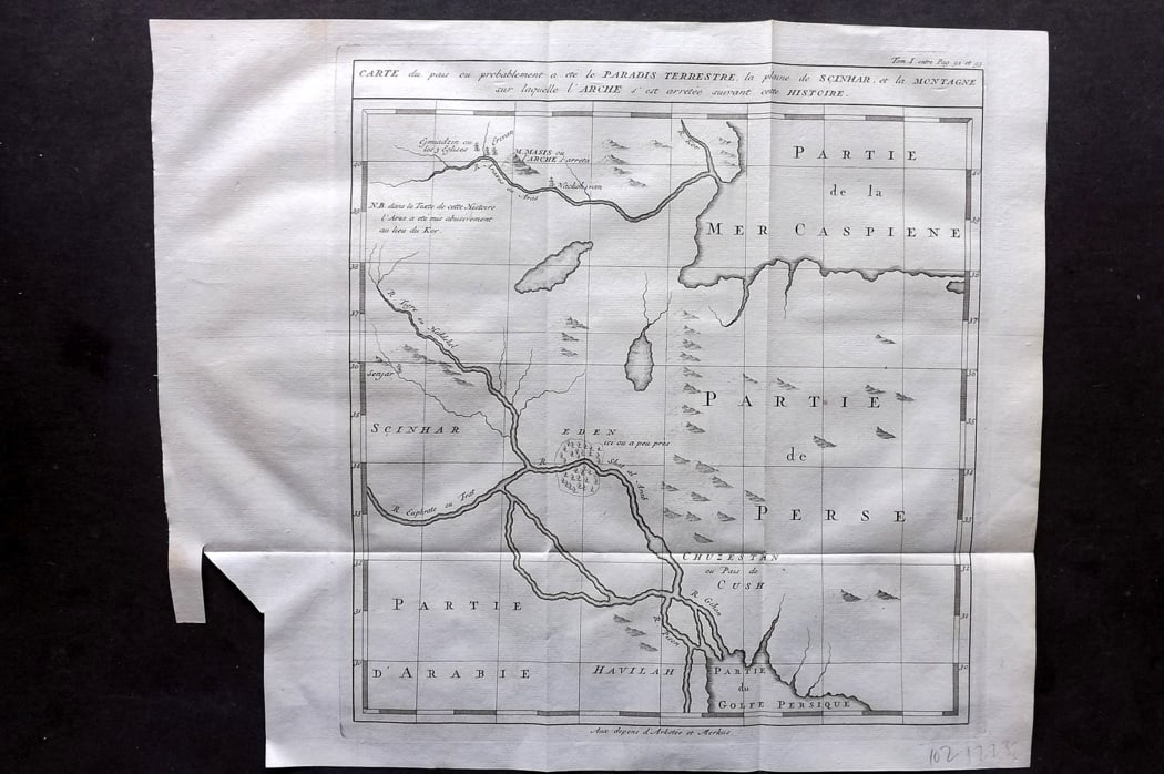Psalmanazar & Sale C1770 Antique Map Paradis Terrestre, Garden of Eden Holy Land: Copper Plate Published 1747-82 Amsterdam and Leipzig for "Histoire Universelle, depuis le commencement du monde" 4to Edition by George Sale, George Psalmanazar, Thomas Salmon et al. Folds as issued. P