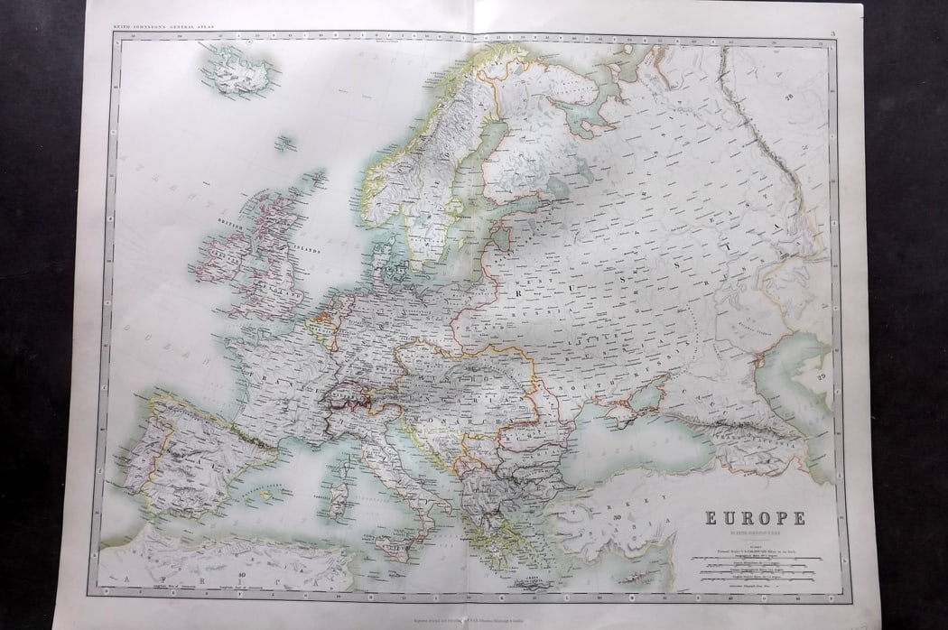 Johnston, Alexander 1894 LG Antique Map. Europe: Large Folio Colour Printed Steel Engraved Map Published 1894, Edinburgh & London for "The Royal Atlas of Modern Geography" by Alexander Keith Johnston and T. B. Johnston. Centre fold as published. Pap