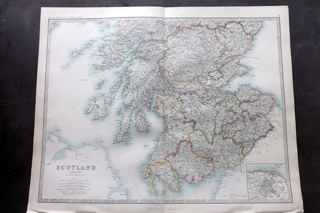 Johnston, Alexander 1894 LG Antique Map. Scotland. Southern Sheet: Large Folio Colour Printed Steel Engraved Map Published 1894, Edinburgh & London for "The Royal Atlas of Modern Geography" by Alexander Keith Johnston and T. B. Johnston. Centre fold as published. Pap