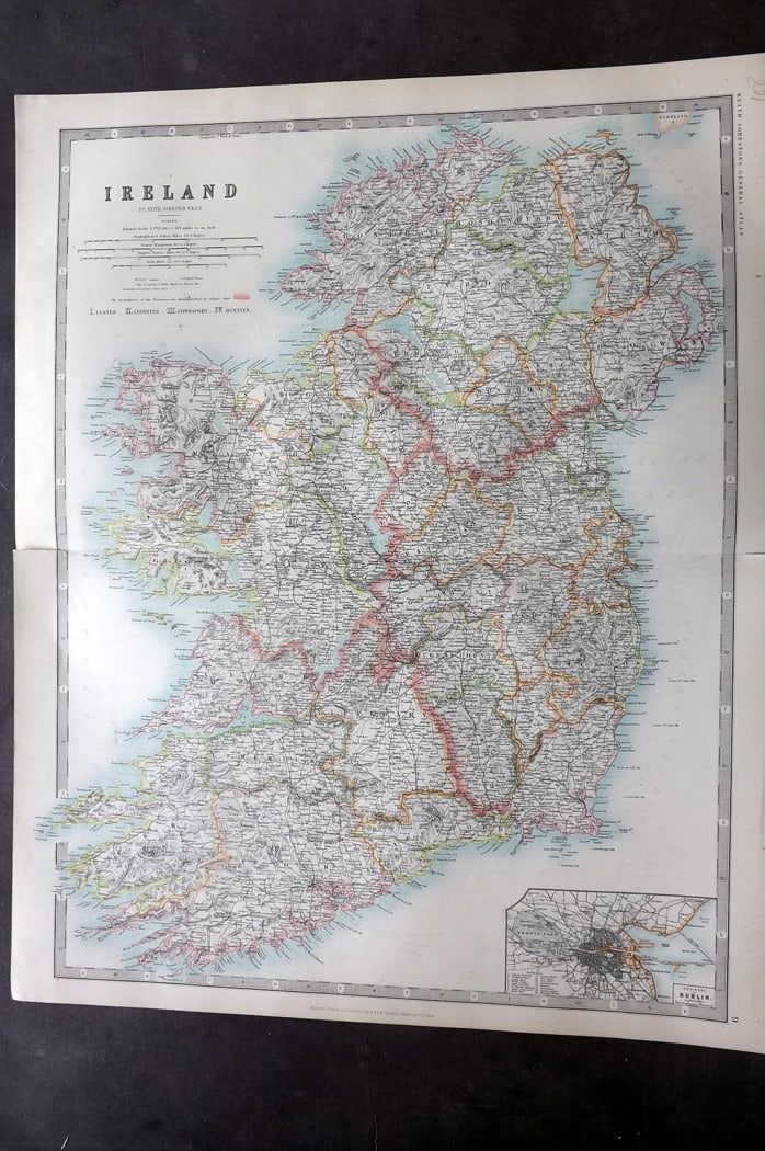 Johnston, Alexander 1894 LG Antique Map. Ireland: Large Folio Colour Printed Steel Engraved Map Published 1894, Edinburgh & London for "The Royal Atlas of Modern Geography" by Alexander Keith Johnston and T. B. Johnston. Centre fold as published. Pap