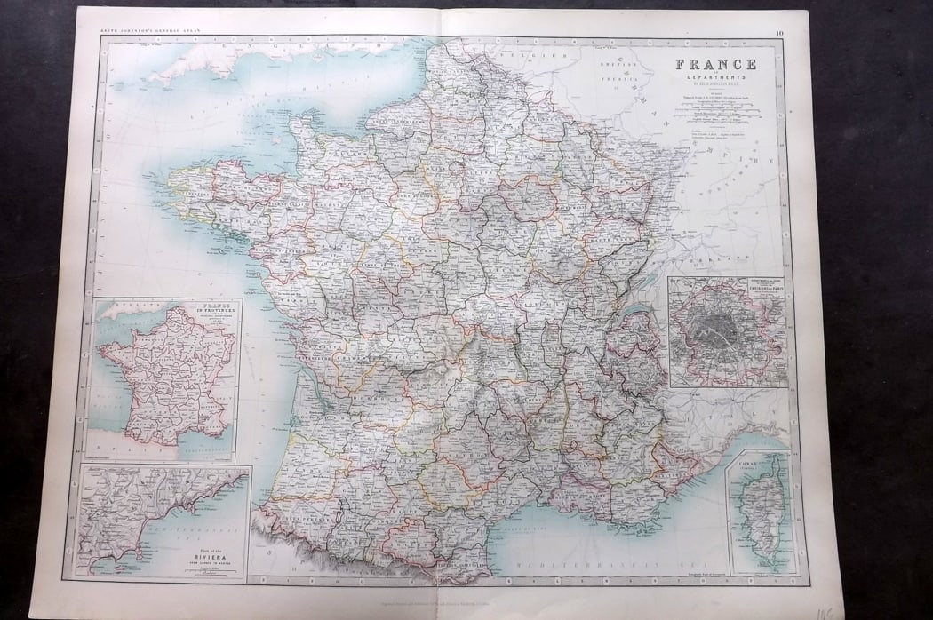 Johnston, Alexander 1894 LG Antique Map. France: Large Folio Colour Printed Steel Engraved Map Published 1894, Edinburgh & London for "The Royal Atlas of Modern Geography" by Alexander Keith Johnston and T. B. Johnston. Centre fold as published. Pap
