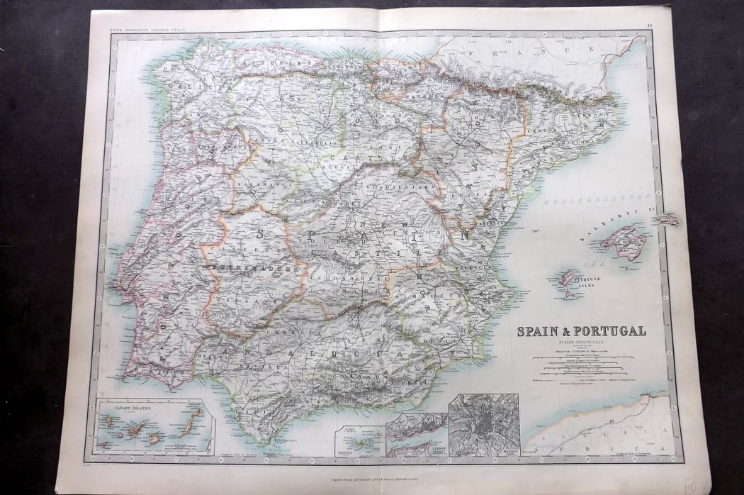 Johnston, Alexander 1894 LG Antique Map. Spain and Portugal (1 of 2)