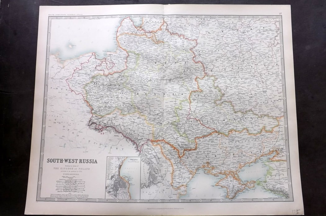 Johnston, Alexander 1894 LG Antique Map. South West Russia. Kingdom of Poland: Large Folio Colour Printed Steel Engraved Map Published 1894, Edinburgh & London for "The Royal Atlas of Modern Geography" by Alexander Keith Johnston and T. B. Johnston. Centre fold as published. Pap