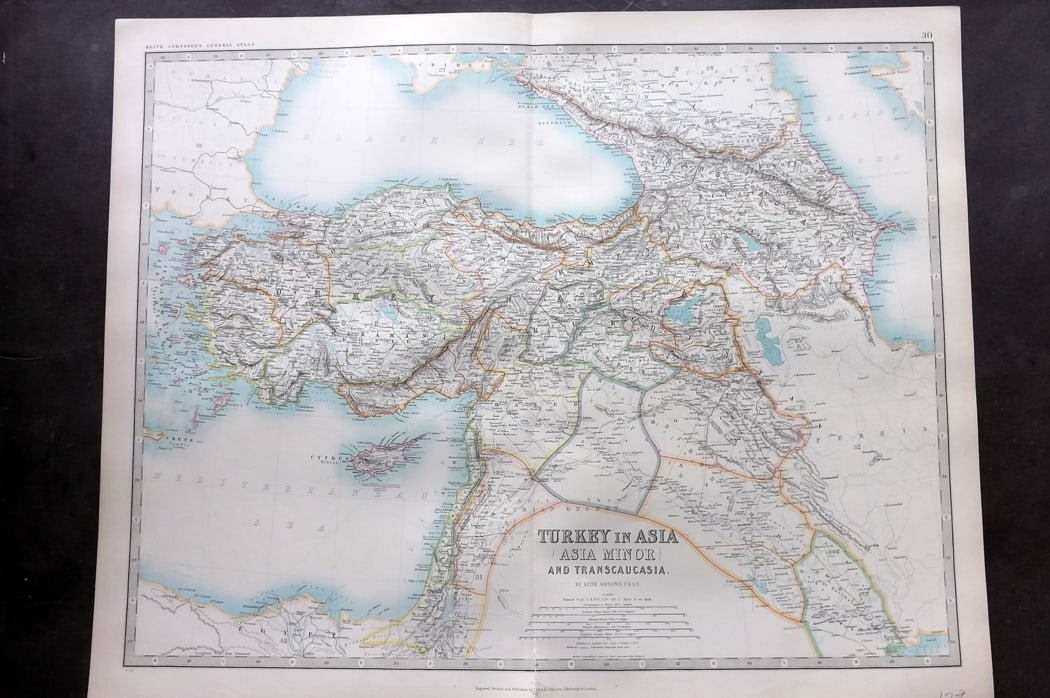 Johnston, Alexander 1894 LG Antique Map. Turkey in Asia: Large Folio Colour Printed Steel Engraved Map Published 1894, Edinburgh & London for "The Royal Atlas of Modern Geography" by Alexander Keith Johnston and T. B. Johnston. Centre fold as published. Pap