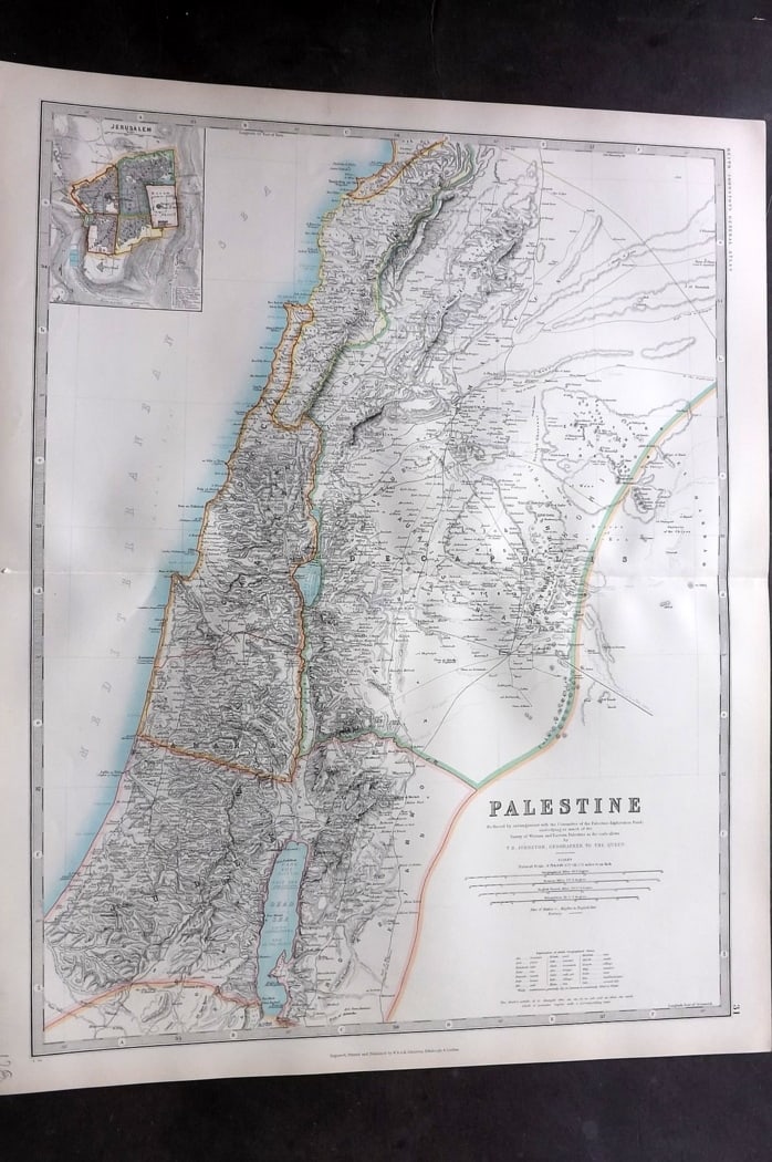 Johnston, Alexander 1894 LG Antique Map. Palestine: Large Folio Colour Printed Steel Engraved Map Published 1894, Edinburgh & London for "The Royal Atlas of Modern Geography" by Alexander Keith Johnston and T. B. Johnston. Centre fold as published. Pap