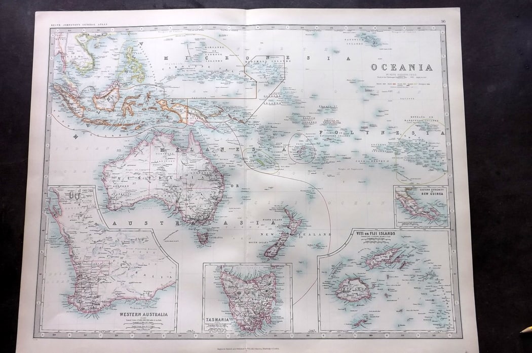 Johnston, Alexander 1894 LG Antique Map. Oceania. Australia Pacific: Large Folio Colour Printed Steel Engraved Map Published 1894, Edinburgh & London for "The Royal Atlas of Modern Geography" by Alexander Keith Johnston and T. B. Johnston. Centre fold as published. Pap